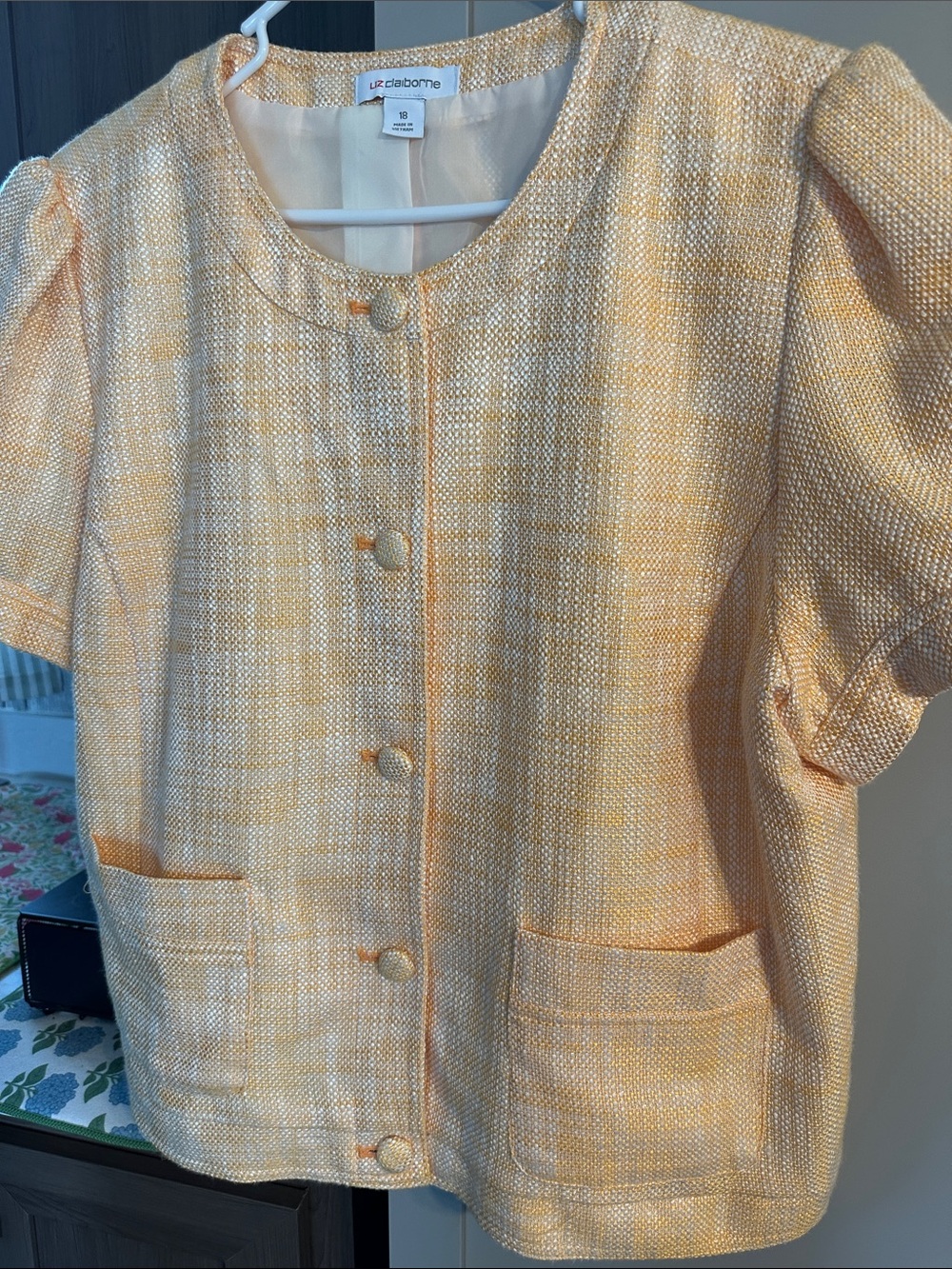 Liz Claiborne Yellow Cream Tweed Short Sleeve Jacket